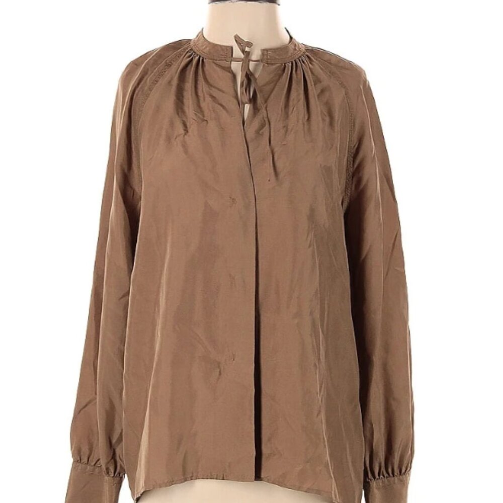 NWT Vince 100% Silk Tie Neck Blouse Tan Brown Size S